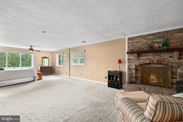 10200 Souza Ln, Manassas, VA 20111 - carpeted living area featuring a brick fireplace, a textured ceiling, a ceiling fan, and baseboards