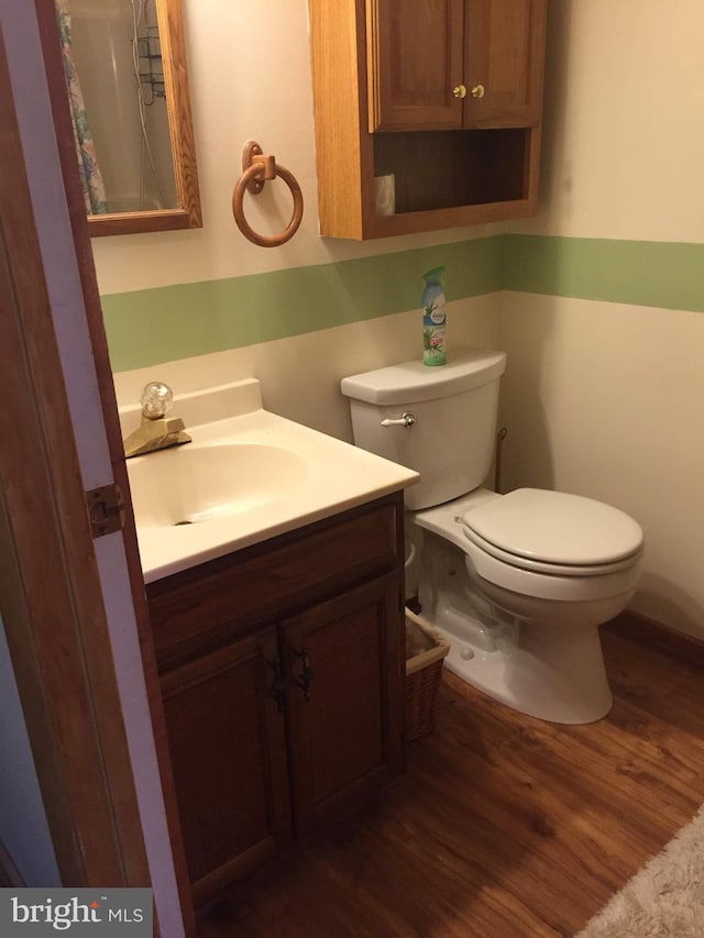 23 Beaconhill Rd, Ocean Pines, MD 21811 - full bath featuring toilet, wood finished floors, vanity, and a shower with curtain