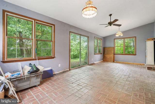 2029 Norhurst Way S, Baltimore, MD 21228 - unfurnished room featuring ceiling fan, baseboards, brick floors, and lofted ceiling