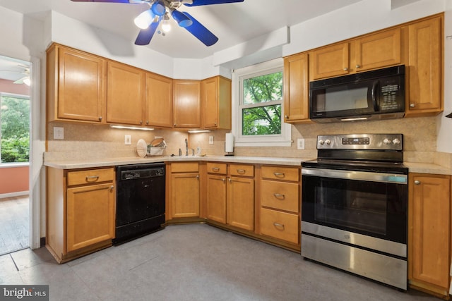 2029 Norhurst Way S, Baltimore, MD 21228 - kitchen with black appliances, light countertops, ceiling fan, a sink, and backsplash