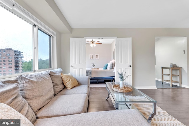 4201 Cathedral Ave NW Unit 918W, Washington, DC 20016 - living area with wood finished floors, baseboards, and a ceiling fan