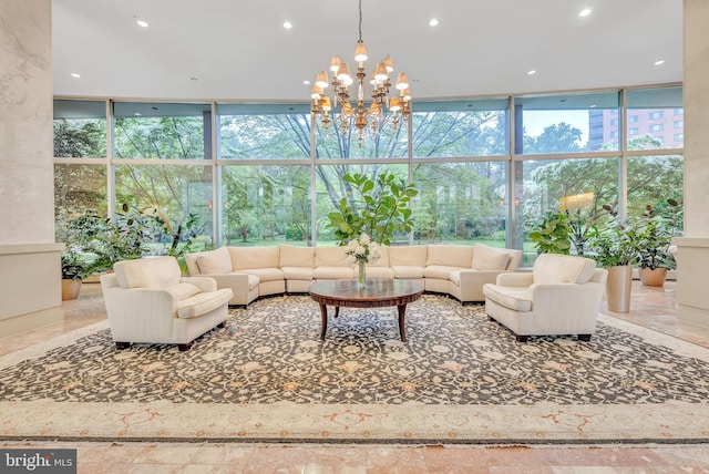 4201 Cathedral Ave NW Unit 918W, Washington, DC 20016 - living area featuring a wall of windows, a chandelier, and recessed lighting
