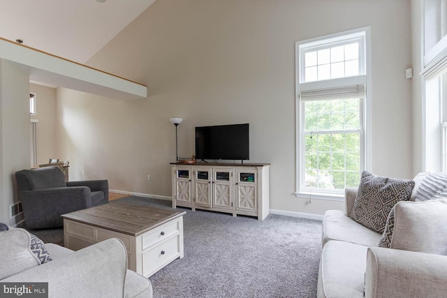 120 Jefferson Cir, Bellefonte, PA 16823 - carpeted living area with baseboards and high vaulted ceiling