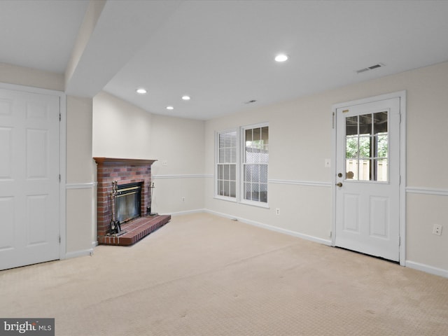 10612 Winfield Loop, Manassas, VA 20109 - unfurnished living room featuring carpet flooring, baseboards, a brick fireplace, and recessed lighting