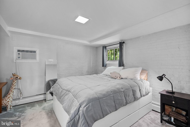 1937 38th St NW, Washington, DC 20007 - bedroom with a wall mounted air conditioner, a baseboard heating unit, carpet, and brick wall
