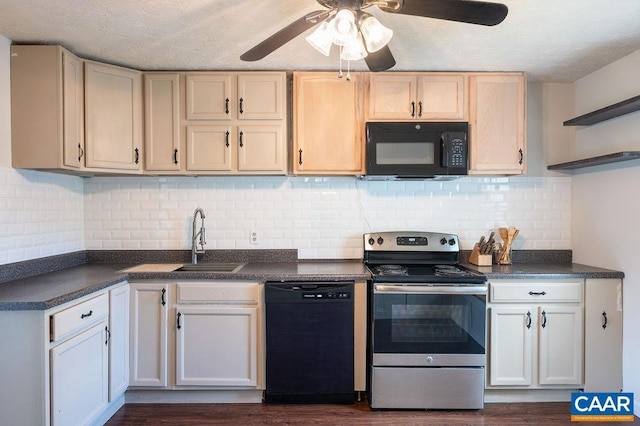 1600 A St, Waynesboro, VA 22980 - kitchen with black appliances, dark countertops, ceiling fan, and a textured ceiling