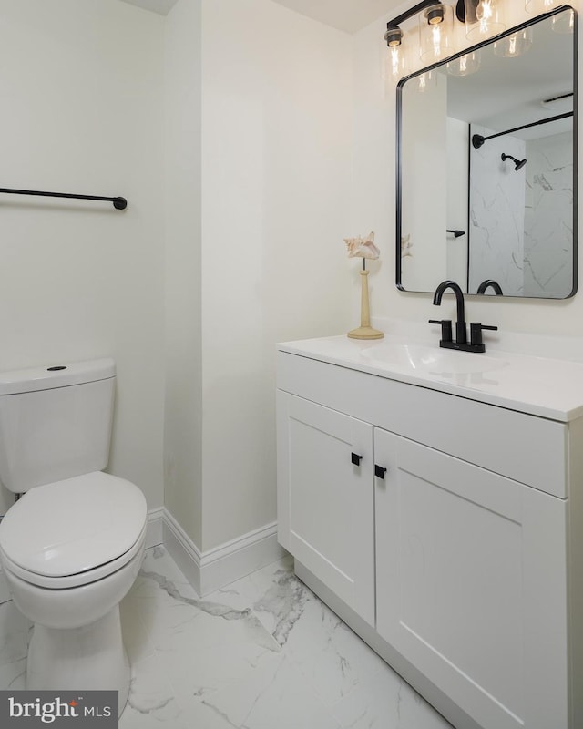 2836 Cameron Rd, Falls Church, VA 22042 - full bathroom with marble look tiles, vanity, baseboards, toilet, and a marble finish shower