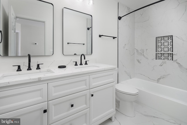 2836 Cameron Rd, Falls Church, VA 22042 - bathroom featuring double vanity, marble finish flooring, toilet, and shower / bathtub combination