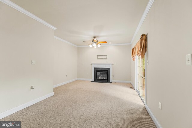 22 Berry Ln, Harpers Ferry, WV 25425 - unfurnished living room featuring a fireplace with flush hearth, a ceiling fan, ornamental molding, light carpet, and baseboards