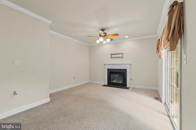 22 Berry Ln, Harpers Ferry, WV 25425 - unfurnished living room with a fireplace with flush hearth, baseboards, ornamental molding, carpet floors, and a ceiling fan