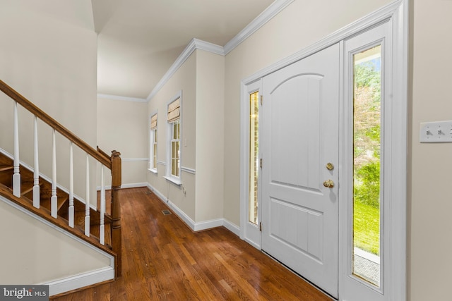 22 Berry Ln, Harpers Ferry, WV 25425 - entryway with wood finished floors, stairs, crown molding, and baseboards