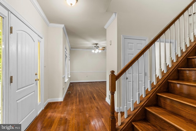 22 Berry Ln, Harpers Ferry, WV 25425 - foyer featuring hardwood / wood-style floors, stairs, baseboards, ornamental molding, and a ceiling fan