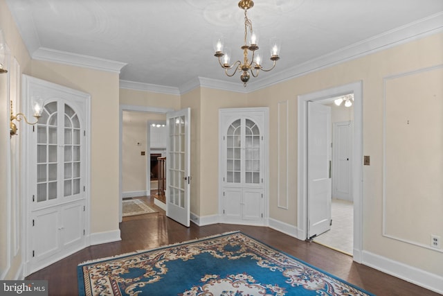 15 E Grant St, Woodstown, NJ 08098 - entrance foyer featuring a chandelier, wood finished floors, ornamental molding, baseboards, and french doors