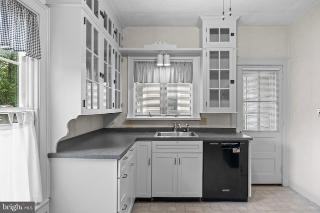 15 E Grant St, Woodstown, NJ 08098 - kitchen featuring dishwasher, a sink, dark countertops, glass insert cabinets, and white cabinets