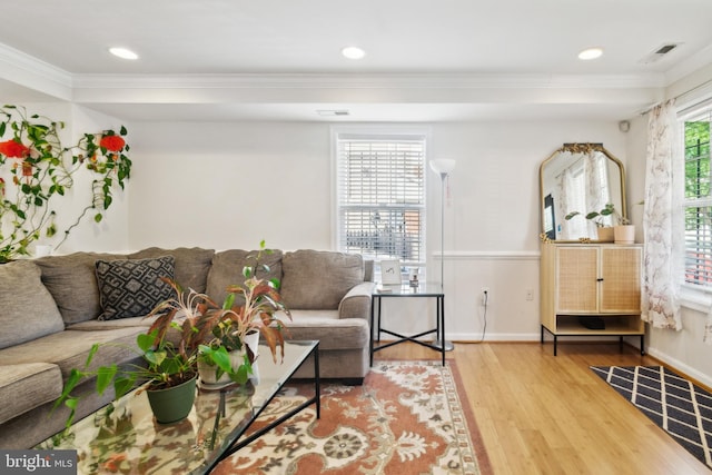 5310 B St SE, Washington, DC 20019 - living room featuring ornamental molding, wood finished floors, baseboards, and recessed lighting