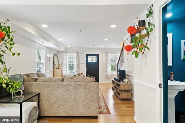 5310 B St SE, Washington, DC 20019 - living area with light wood-style flooring, ornamental molding, and recessed lighting