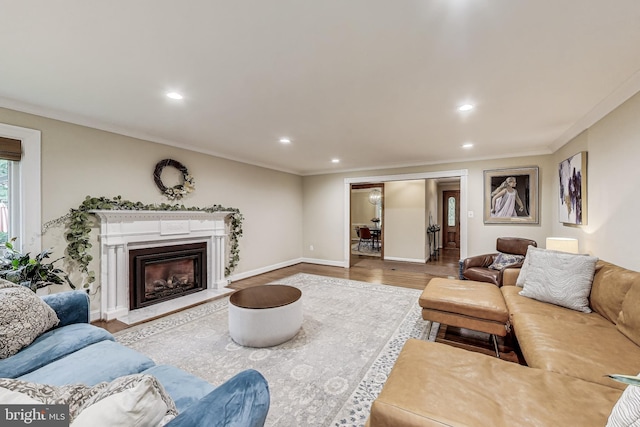 7007 Clifton Rd, Clifton, VA 20124 - living area with wood finished floors, recessed lighting, crown molding, baseboards, and a fireplace