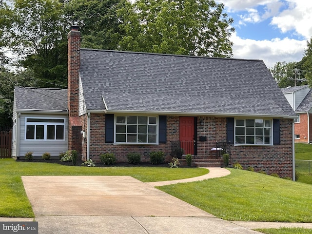 5420 Eastbourne Dr, Springfield, VA 22151 - view of front facade with a chimney, a shingled roof, brick siding, and a front yard