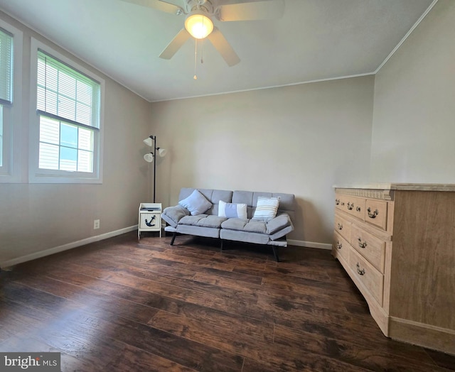 336 Bar Harbor Rd, Pasadena, MD 21122 - sitting room featuring dark wood-style floors, baseboards, crown molding, and ceiling fan