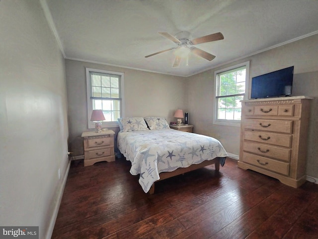 336 Bar Harbor Rd, Pasadena, MD 21122 - bedroom with dark wood-type flooring, baseboards, crown molding, and a ceiling fan