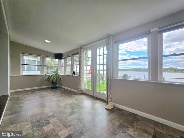 336 Bar Harbor Rd, Pasadena, MD 21122 - unfurnished sunroom featuring french doors, baseboards, stone finish flooring, recessed lighting, and vaulted ceiling