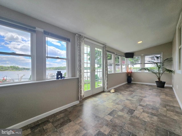 336 Bar Harbor Rd, Pasadena, MD 21122 - unfurnished sunroom featuring french doors, baseboards, stone tile flooring, recessed lighting, and vaulted ceiling