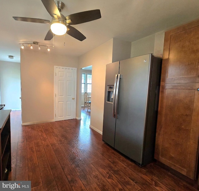 336 Bar Harbor Rd, Pasadena, MD 21122 - kitchen with stainless steel fridge, dark wood-style flooring, ceiling fan, and baseboards