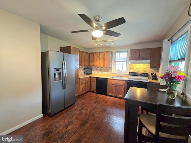 336 Bar Harbor Rd, Pasadena, MD 21122 - kitchen with stainless steel fridge, black dishwasher, a sink, electric range, and under cabinet range hood