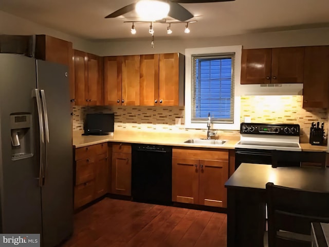 336 Bar Harbor Rd, Pasadena, MD 21122 - kitchen with stainless steel fridge with ice dispenser, black dishwasher, electric stove, a sink, and under cabinet range hood