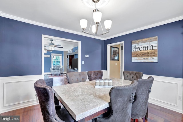 199 Applegate, Hamilton, NJ 08690 - dining room with a chandelier, a wainscoted wall, ornamental molding, and dark wood-style flooring