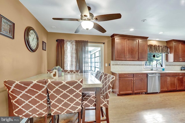 199 Applegate, Hamilton, NJ 08690 - kitchen featuring dishwasher, tasteful backsplash, a ceiling fan, light wood-style flooring, and a sink