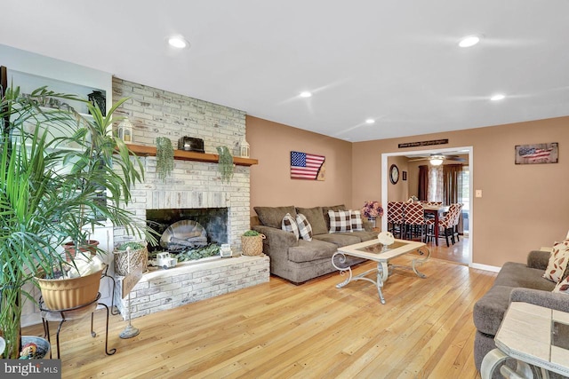199 Applegate, Hamilton, NJ 08690 - living area featuring hardwood / wood-style flooring, a brick fireplace, ceiling fan, and recessed lighting