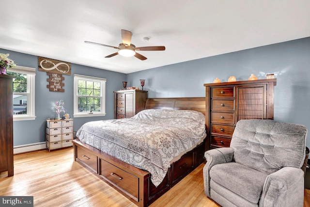 199 Applegate, Hamilton, NJ 08690 - bedroom featuring a baseboard radiator, light wood-style floors, baseboards, and a ceiling fan