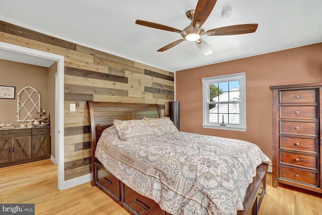 199 Applegate, Hamilton, NJ 08690 - bedroom featuring wood walls, light wood-style flooring, baseboards, and a ceiling fan