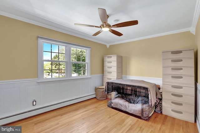 199 Applegate, Hamilton, NJ 08690 - bedroom with a baseboard heating unit, crown molding, wainscoting, wood finished floors, and ceiling fan