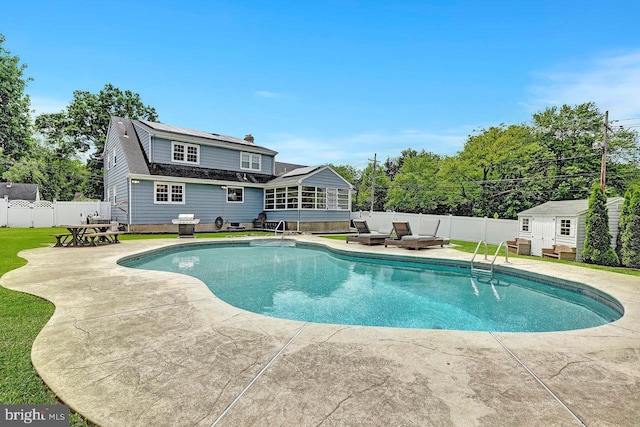 199 Applegate, Hamilton, NJ 08690 - view of swimming pool featuring a fenced backyard, an outdoor structure, a patio area, and an outdoor living space