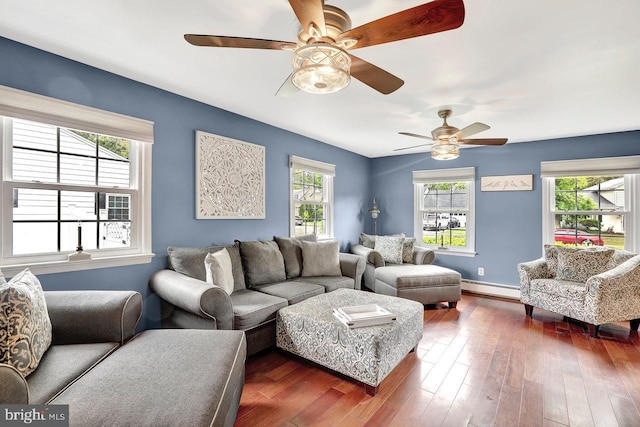 199 Applegate, Hamilton, NJ 08690 - living area with a baseboard heating unit, dark wood-style floors, ceiling fan, and baseboards