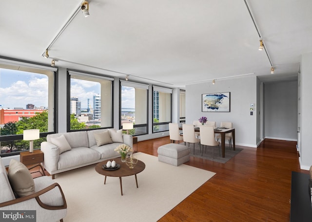 220 Locust St Unit 7As, Philadelphia, PA 19106 - living area with rail lighting, wood finished floors, and a view of city