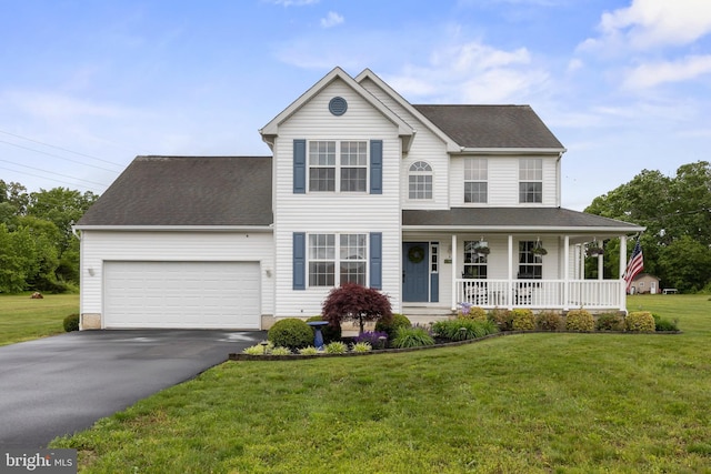 545 Lawrence Corner Rd, Pittsgrove, NJ 08318 - view of front of house with a porch, asphalt driveway, an attached garage, a front lawn, and a shingled roof