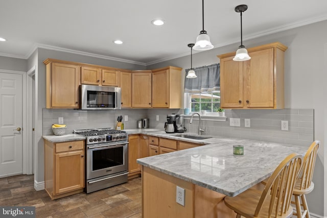 545 Lawrence Corner Rd, Pittsgrove, NJ 08318 - kitchen with appliances with stainless steel finishes, a sink, a peninsula, crown molding, and pendant lighting