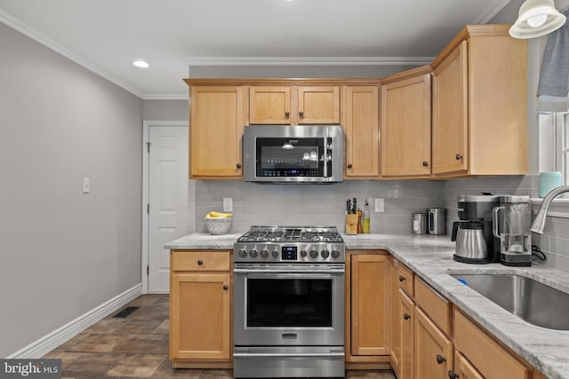 545 Lawrence Corner Rd, Pittsgrove, NJ 08318 - kitchen with appliances with stainless steel finishes, crown molding, baseboards, a sink, and tasteful backsplash