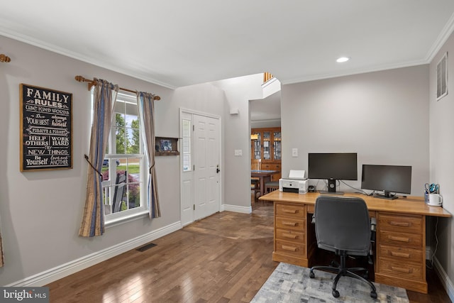 545 Lawrence Corner Rd, Pittsgrove, NJ 08318 - home office with dark wood finished floors, baseboards, ornamental molding, and recessed lighting