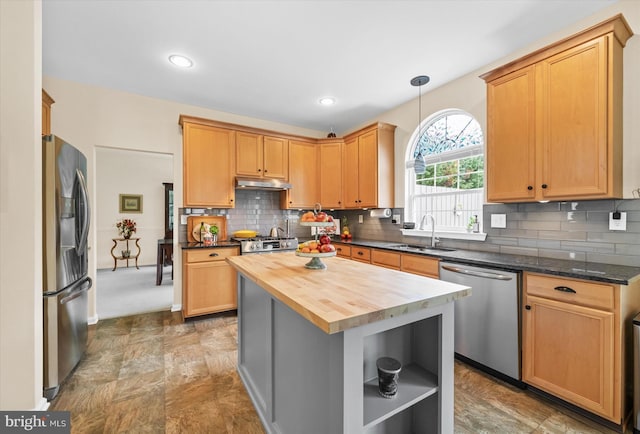 42 Manassas Dr, Middletown, DE 19709 - kitchen featuring appliances with stainless steel finishes, a sink, butcher block countertops, open shelves, and under cabinet range hood