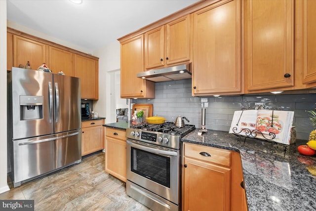 42 Manassas Dr, Middletown, DE 19709 - kitchen featuring stainless steel appliances, under cabinet range hood, backsplash, and dark stone counters