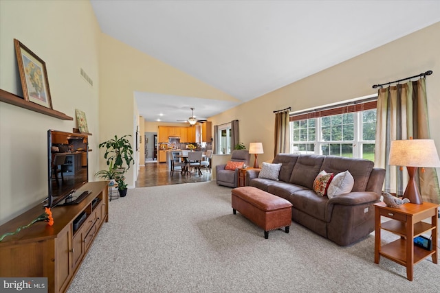 42 Manassas Dr, Middletown, DE 19709 - living room with carpet floors, ceiling fan, and high vaulted ceiling
