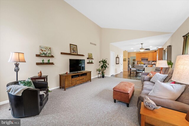 42 Manassas Dr, Middletown, DE 19709 - living room featuring carpet floors, baseboards, high vaulted ceiling, and a ceiling fan