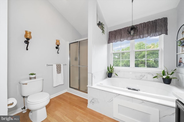 42 Manassas Dr, Middletown, DE 19709 - full bathroom with toilet, a garden tub, a stall shower, wood finished floors, and lofted ceiling