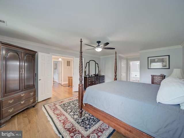 4387 Stepney Dr, Gainesville, VA 20155 - bedroom featuring light wood-style floors, crown molding, connected bathroom, a ceiling fan, and baseboards