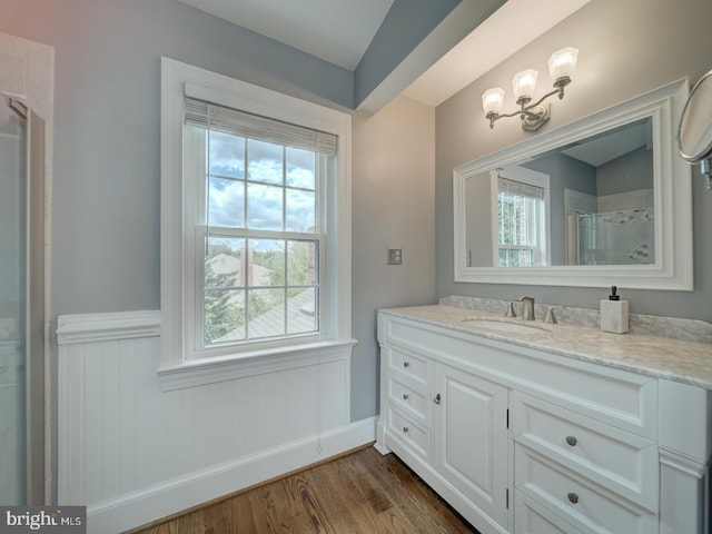 4387 Stepney Dr, Gainesville, VA 20155 - full bath featuring vanity, healthy amount of natural light, wainscoting, and wood finished floors
