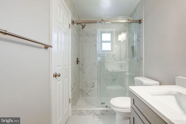 11830 Charles Rd, Silver Spring, MD 20906 - bathroom featuring toilet, a marble finish shower, vanity, and marble look tile flooring